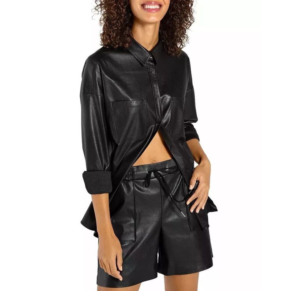 Philanthropy NWT‎ Monte Faux Leather Button Front Shirt Black Size Medium